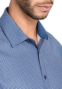 Slim Fit Navy Square Print Performance Stretch Dress Shirt