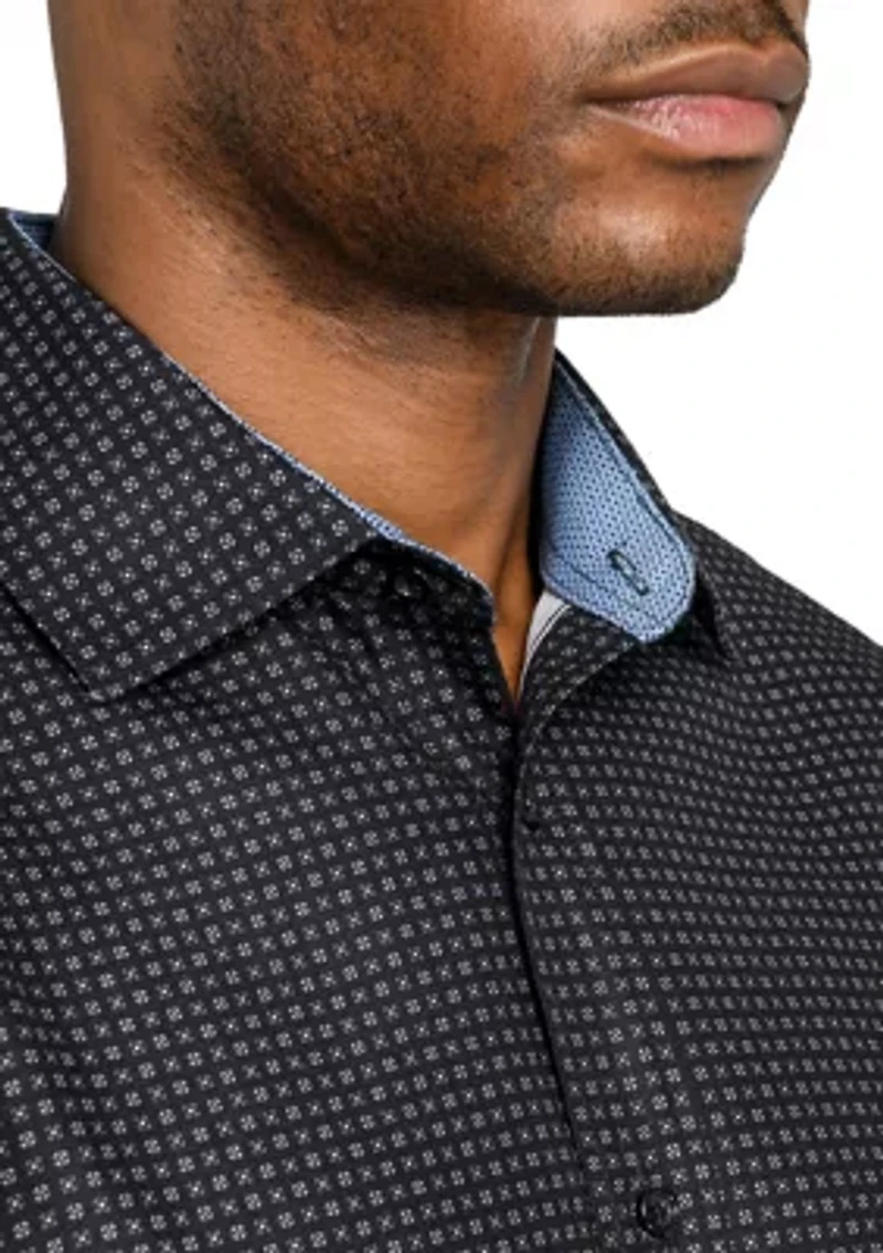 Men's Slim Fit Black Dot Square Print Long Sleeve Shirt