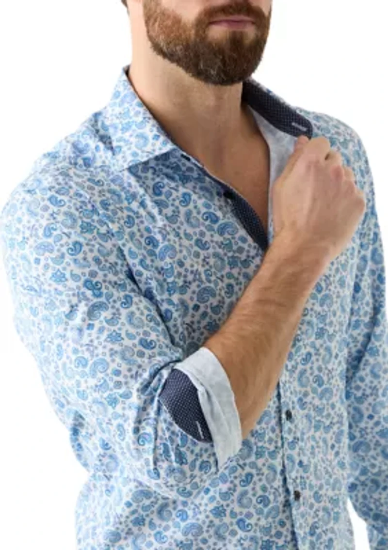 Slim Fit Light Blue Paisley Performance Stretch Dress Shirt