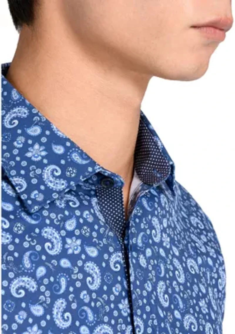 Men's Slim Fit Navy Paisley Performance Stretch Dress Shirt