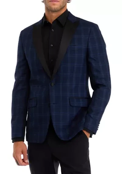 Men's Slim Fit Navy Plaid Evening Jacket