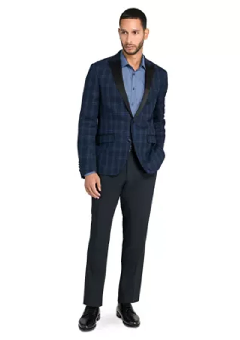 Men's Slim Fit Navy Plaid Evening Jacket