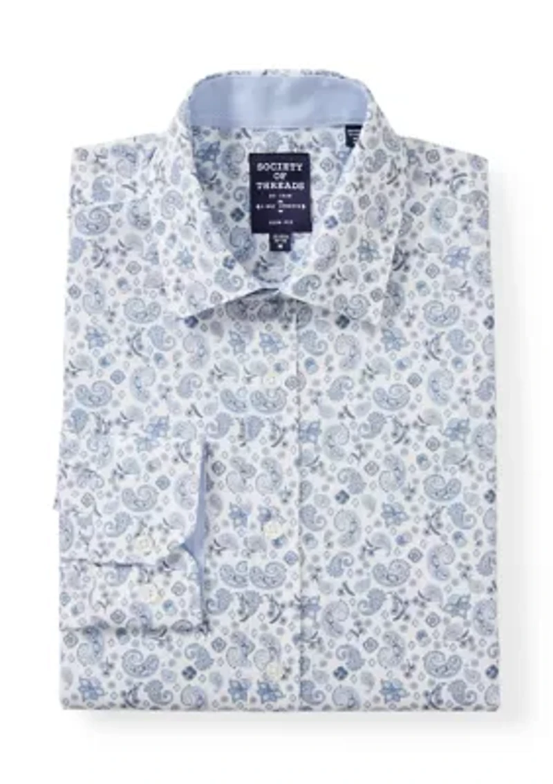 Men's Slim Fit White Paisley Long Sleeve Shirt