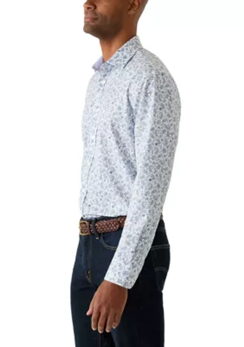 Men's Slim Fit White Paisley Long Sleeve Shirt