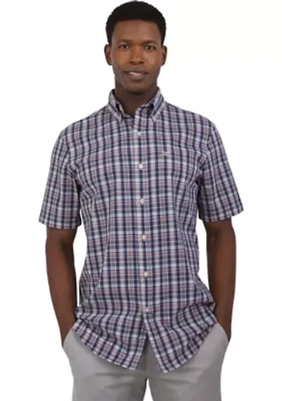 Short Sleeve Plaid Stretch Poplin Shirt