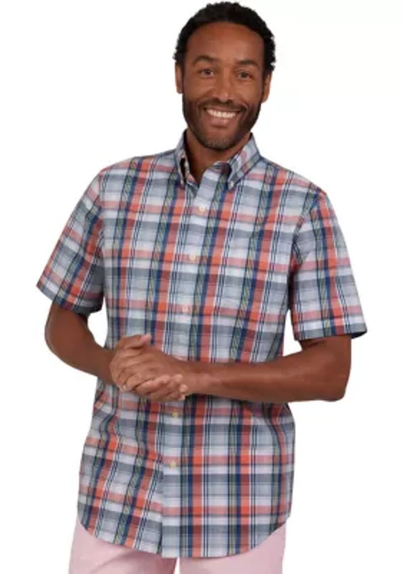 Short Sleeve Plaid Stretch Poplin Shirt