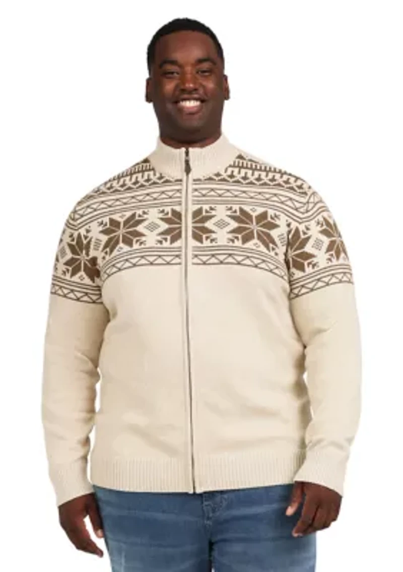 Big & Tall Snowflake Printed Zip Front Sweater