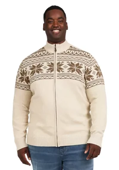 Big & Tall Snowflake Printed Zip Front Sweater