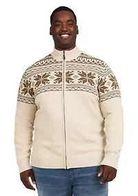 Big & Tall Snowflake Printed Zip Front Sweater