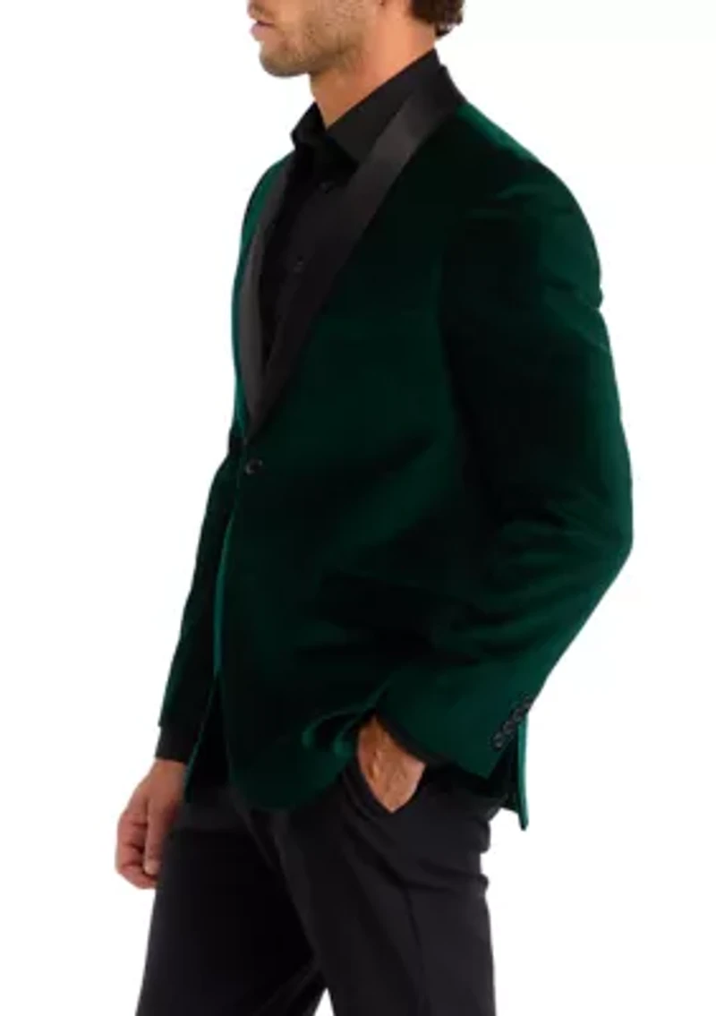 Big & Tall Green Velvet Blazer with Black Satin Shawl Collar