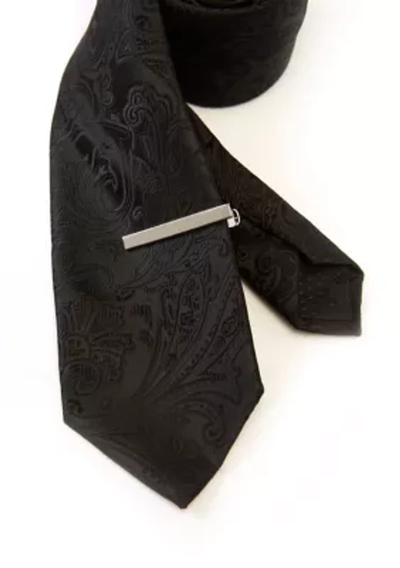 Tonal Satin Paisley Tie with Bar