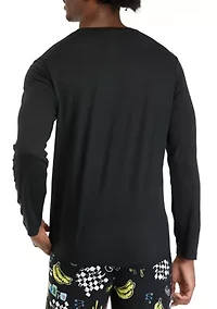 Men's Long Sleeve Sueded Printed Crew Neck Pajama Top