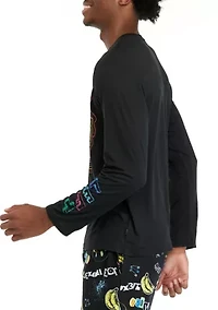 Men's Long Sleeve Sueded Printed Crew Neck Pajama Top
