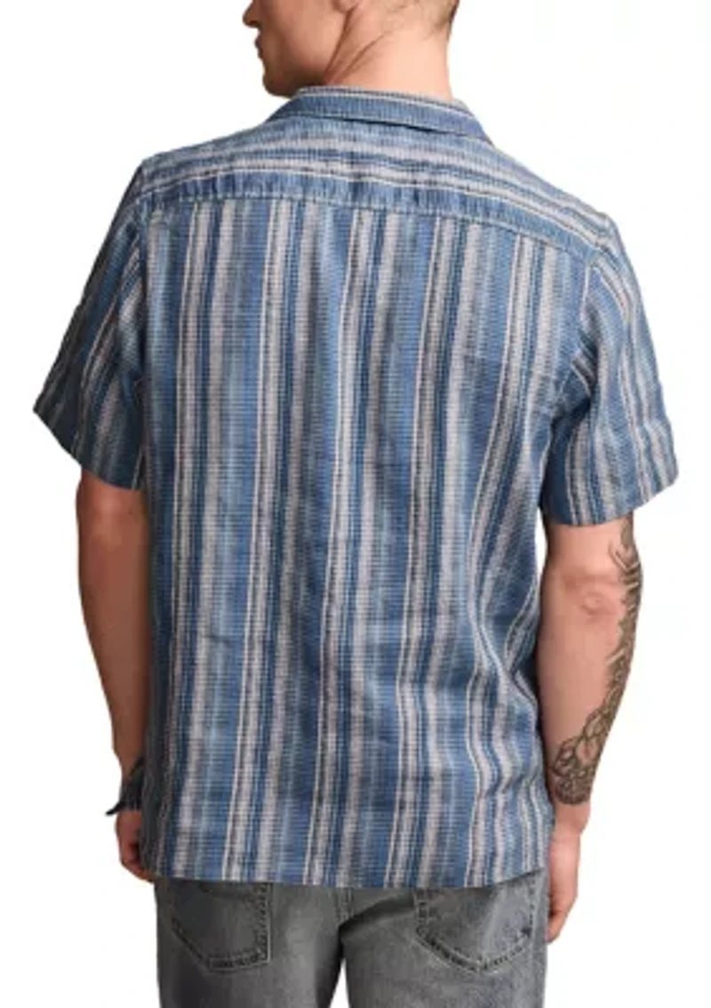 Short Sleeve Stripe Linen Camp Collar Button Down Shirt