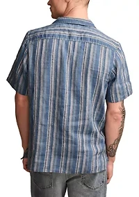 Short Sleeve Stripe Linen Camp Collar Button Down Shirt