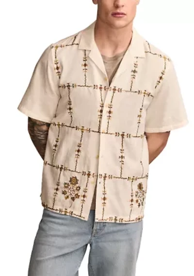 Floral Embroidered Short Sleeve Camp Collar Shirt