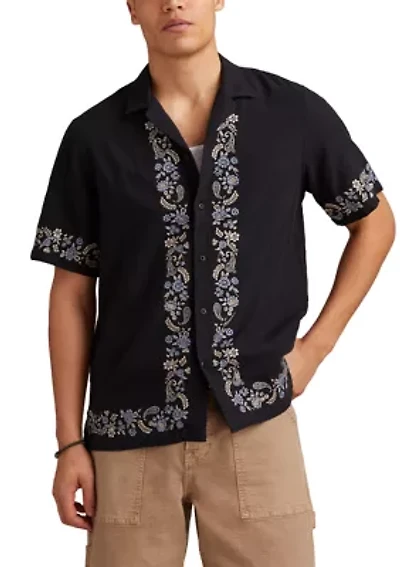 Border Embroidered Short Sleeve Camp Collar Shirt