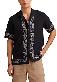 Border Embroidered Short Sleeve Camp Collar Shirt