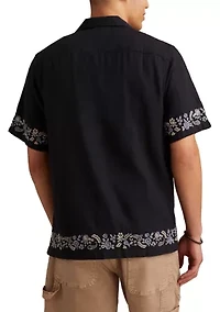 Border Embroidered Short Sleeve Camp Collar Shirt