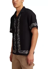 Border Embroidered Short Sleeve Camp Collar Shirt
