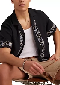 Border Embroidered Short Sleeve Camp Collar Shirt
