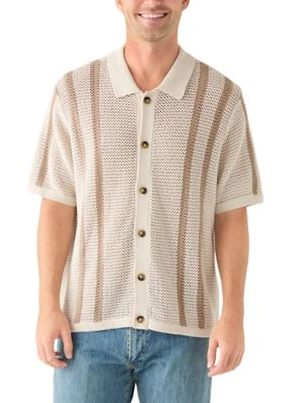 Men's Border Stripe Button Down Short Sleeve Sweater