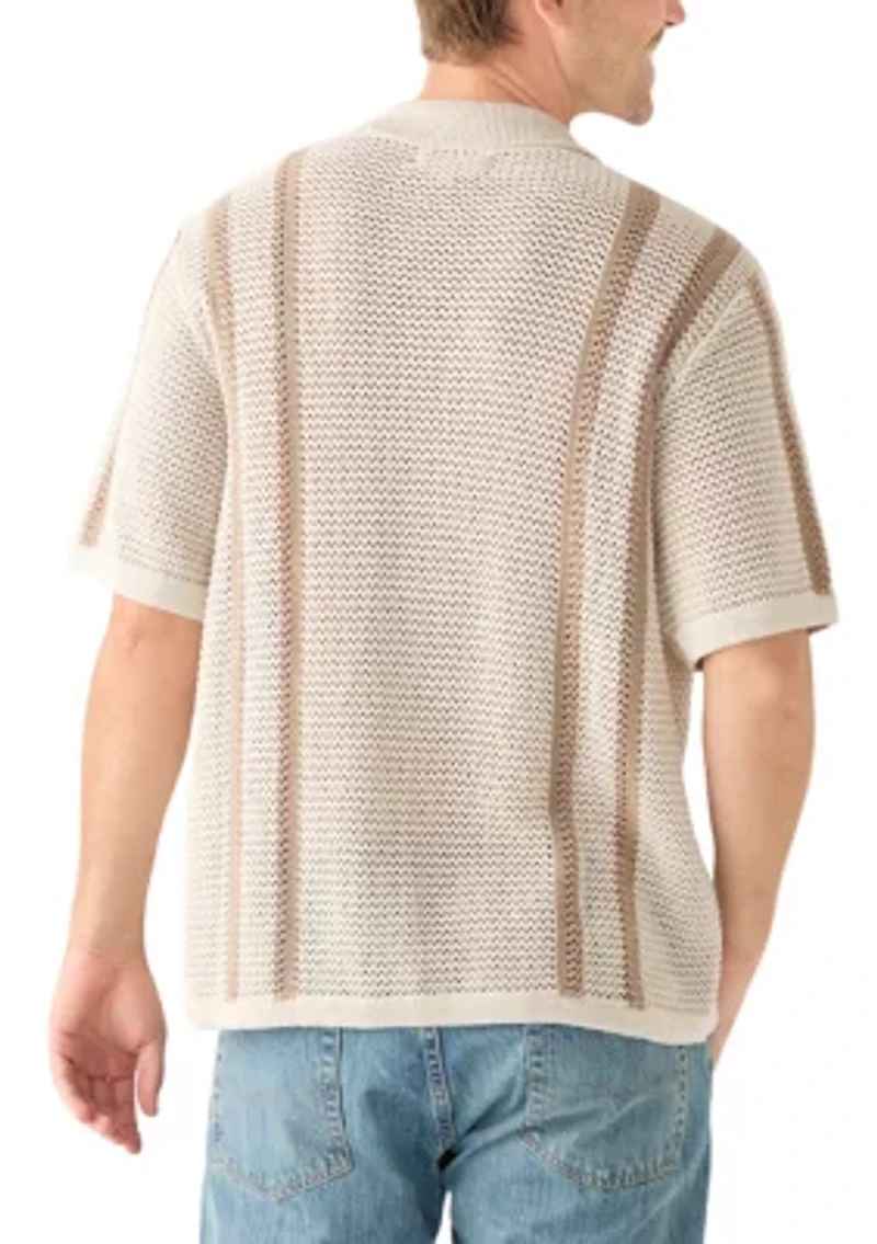 Men's Border Stripe Button Down Short Sleeve Sweater