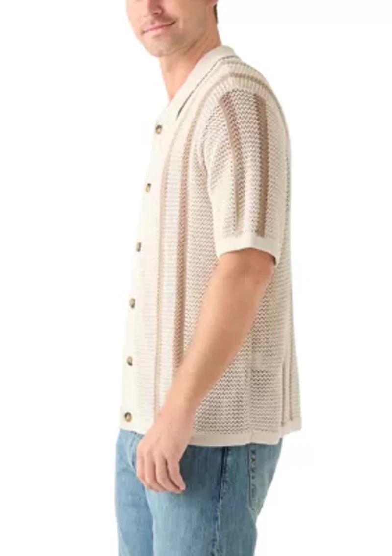 Men's Border Stripe Button Down Short Sleeve Sweater