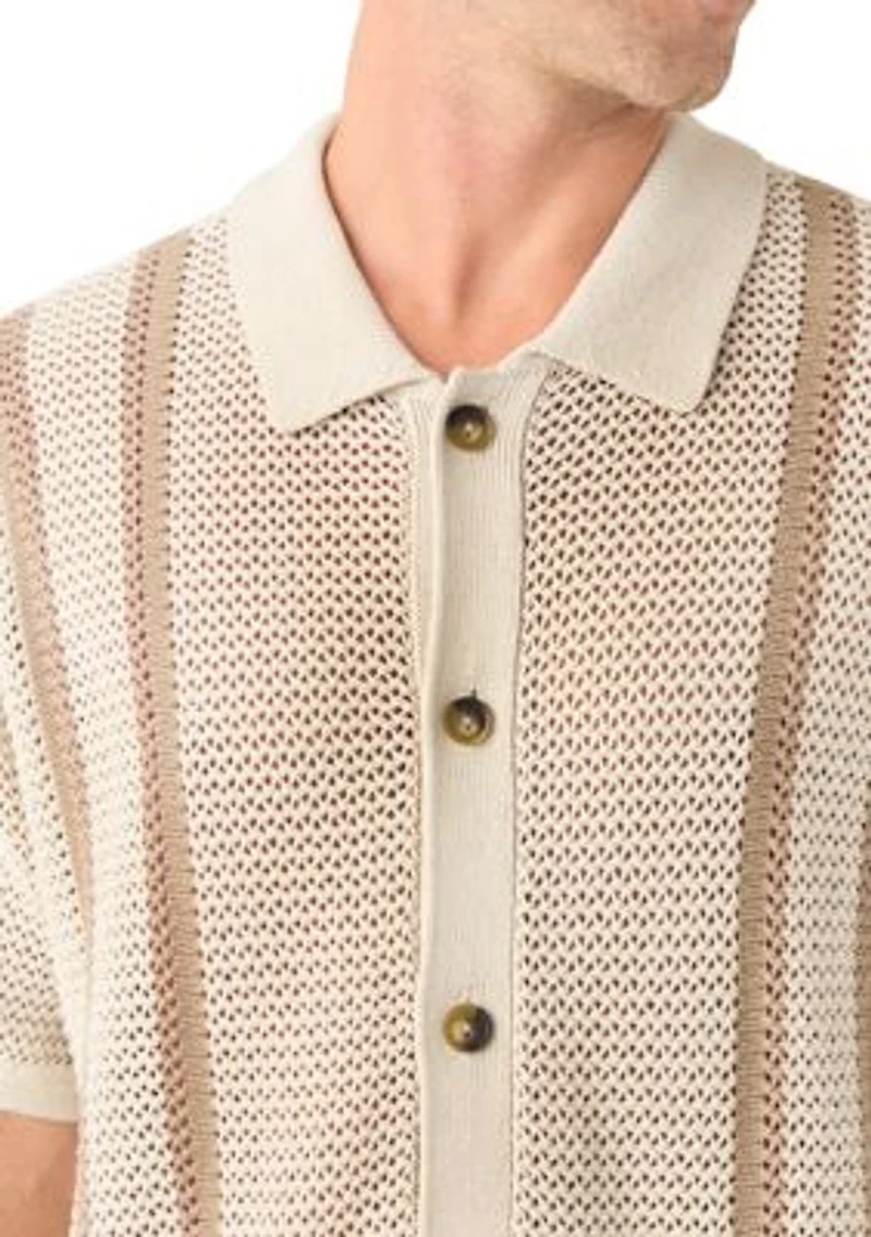 Men's Border Stripe Button Down Short Sleeve Sweater