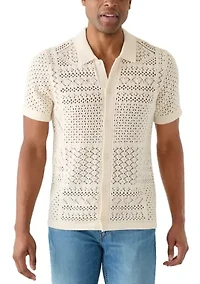Men's Crochet Button Front Sweater Knit Top