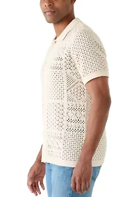 Men's Crochet Button Front Sweater Knit Top