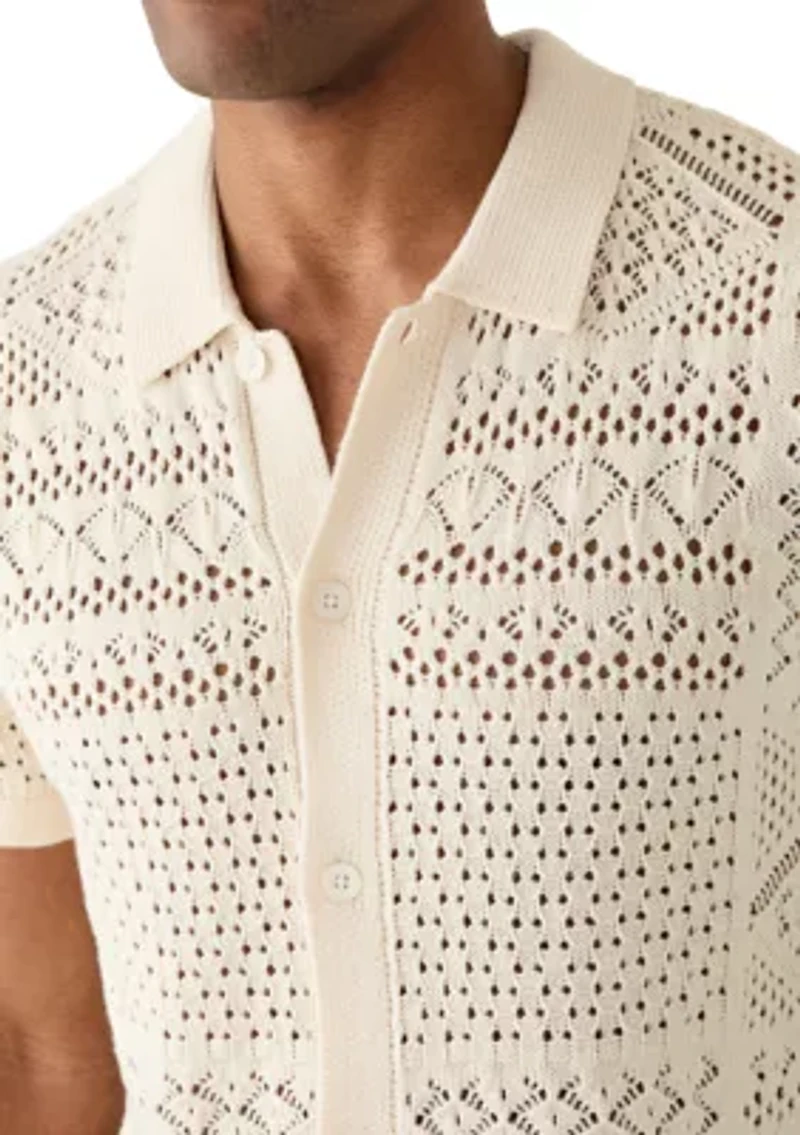 Men's Crochet Button Front Sweater Knit Top