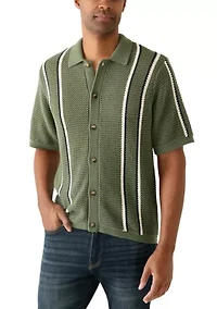 Men's Short Sleeve Striped Button Front Sweater Knit Shirt