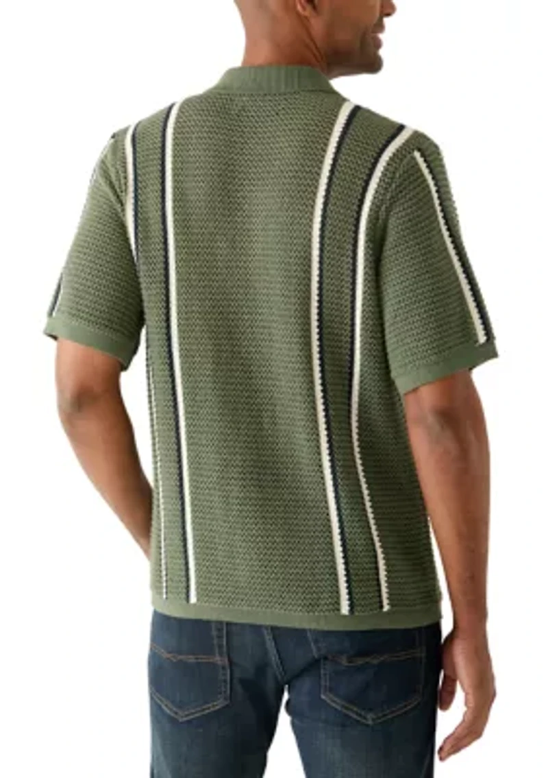 Men's Short Sleeve Striped Button Front Sweater Knit Shirt