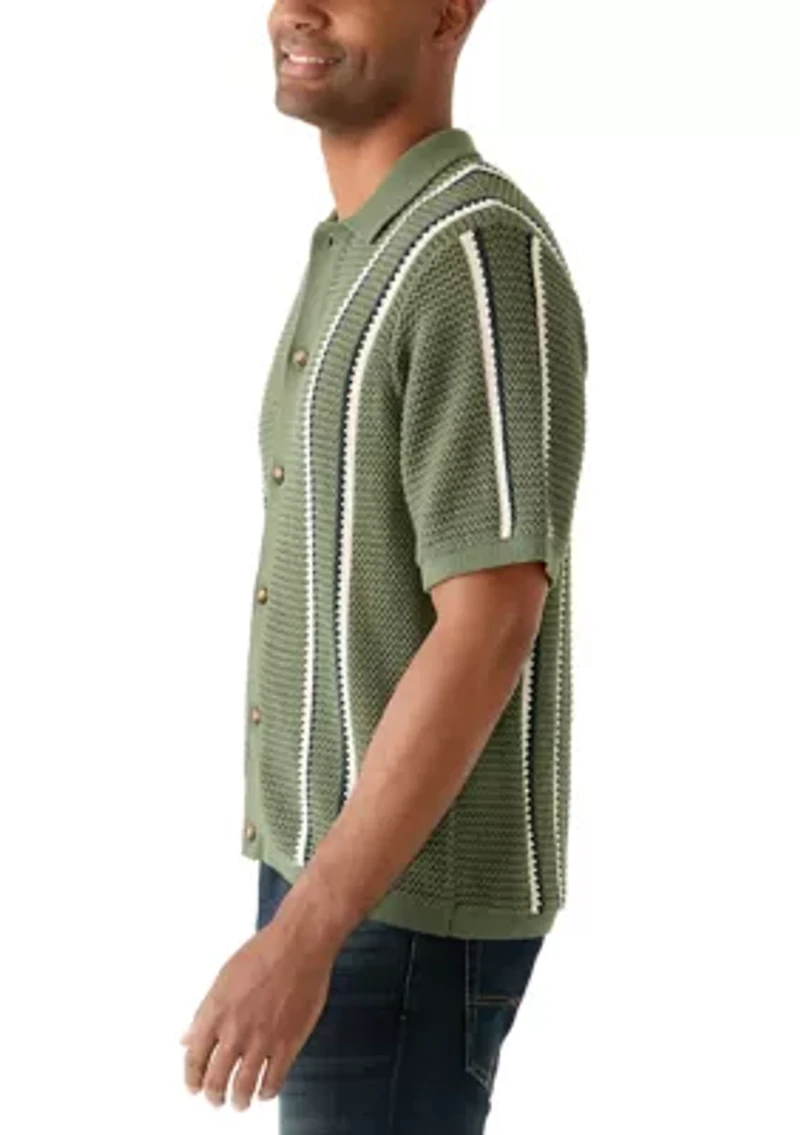 Men's Short Sleeve Striped Button Front Sweater Knit Shirt