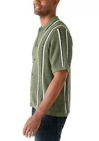Men's Short Sleeve Striped Button Front Sweater Knit Shirt