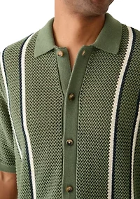 Men's Short Sleeve Striped Button Front Sweater Knit Shirt