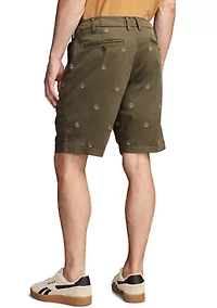 9" Stretch Twill Flat Front Embroidered Shorts