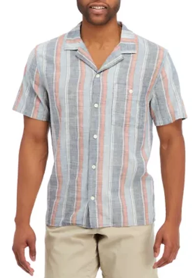 Short Sleeve Linen Striped Button Up Shirt
