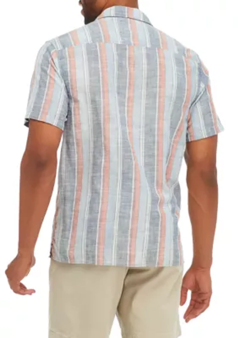 Short Sleeve Linen Striped Button Up Shirt