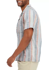 Short Sleeve Linen Striped Button Up Shirt