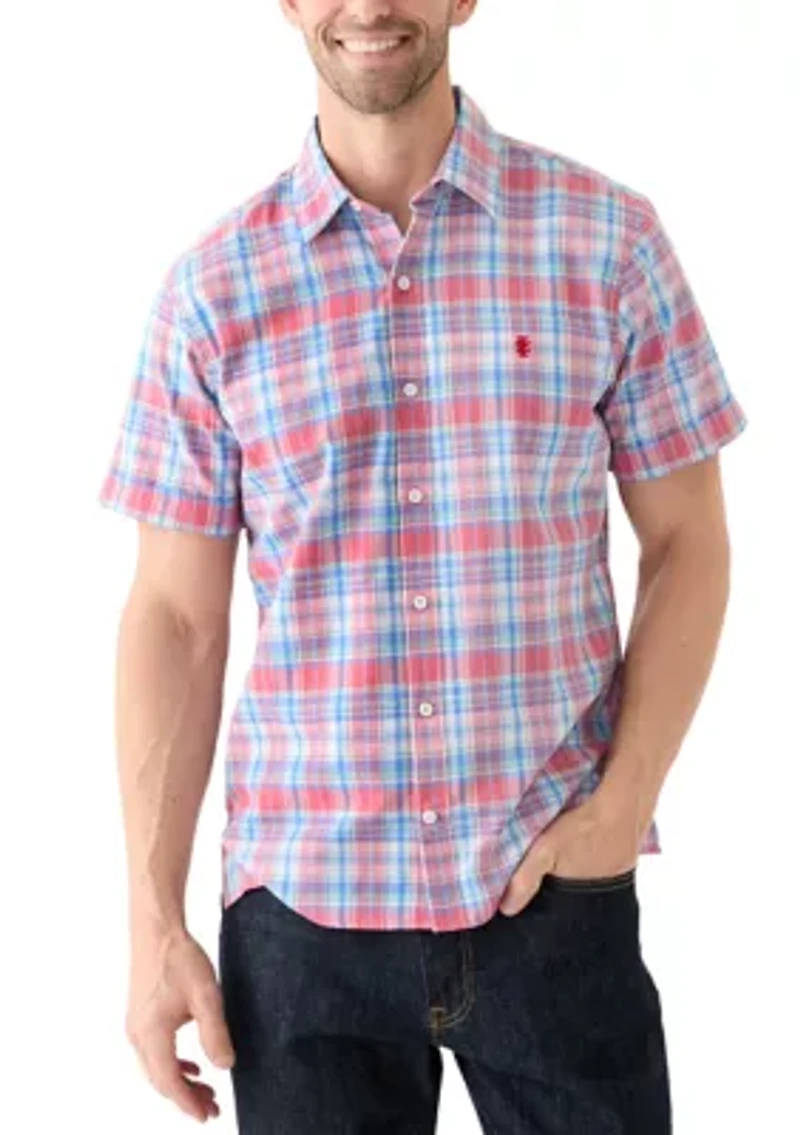 Short Sleeve Madras Plaid Printed Linen Shirt