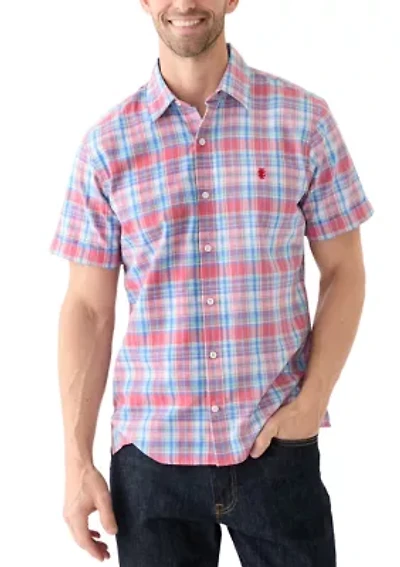 Short Sleeve Madras Plaid Printed Linen Shirt