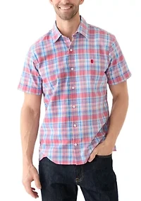 Short Sleeve Madras Plaid Printed Linen Shirt