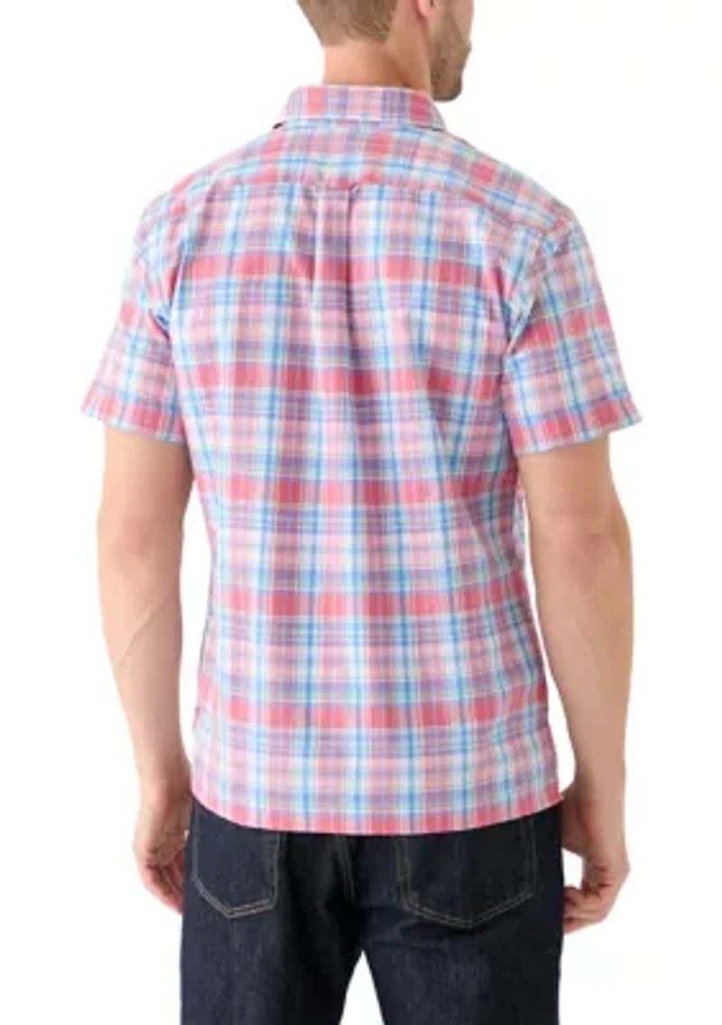 Short Sleeve Madras Plaid Printed Linen Shirt