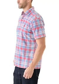 Short Sleeve Madras Plaid Printed Linen Shirt