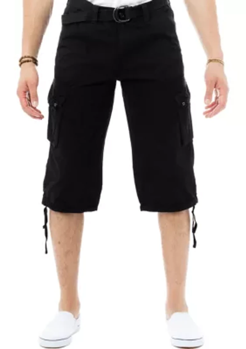 Mens Belted 18" Inseam Below Knee Long Cargo Shorts