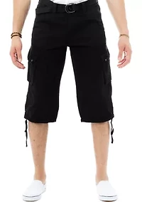 Mens Belted 18" Inseam Below Knee Long Cargo Shorts