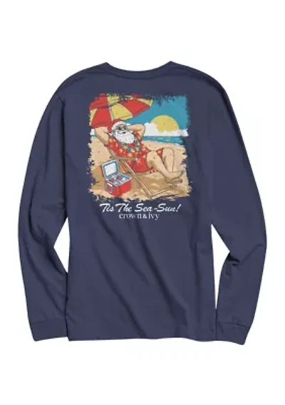 Long Sleeve Beach Santa Graphic T-Shirt