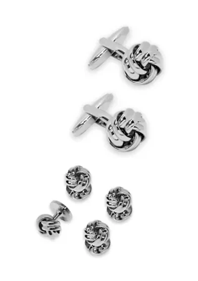 Silver Enamel Knot and Stud Cuff Links Set